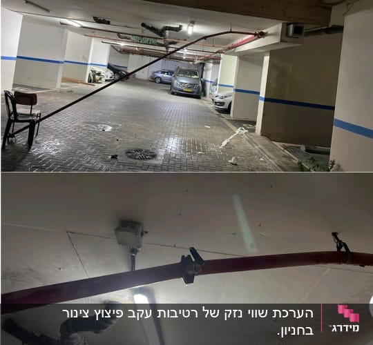 חניון תת קרקעי עם צינורות תלויים מהתקרה